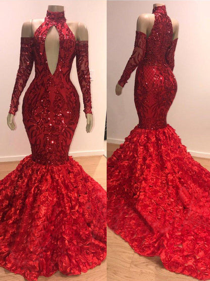 Long Sleeves High Collar Burgundy Prom Dress Mermaid Sequins