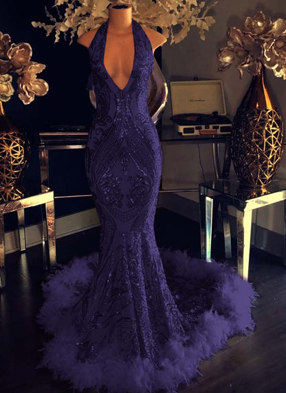 Mermaid Sequins Halter Prom Dress Open Back