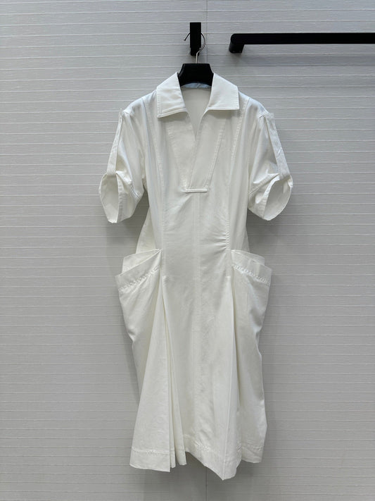 BV V-neck  Rolled-Up Sleeve Dress in White Tencel