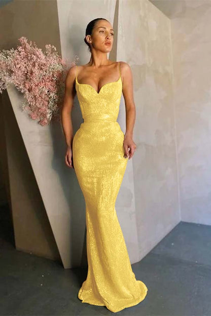 Mermaid Spaghetti-Straps Sequins Prom Dress Long
