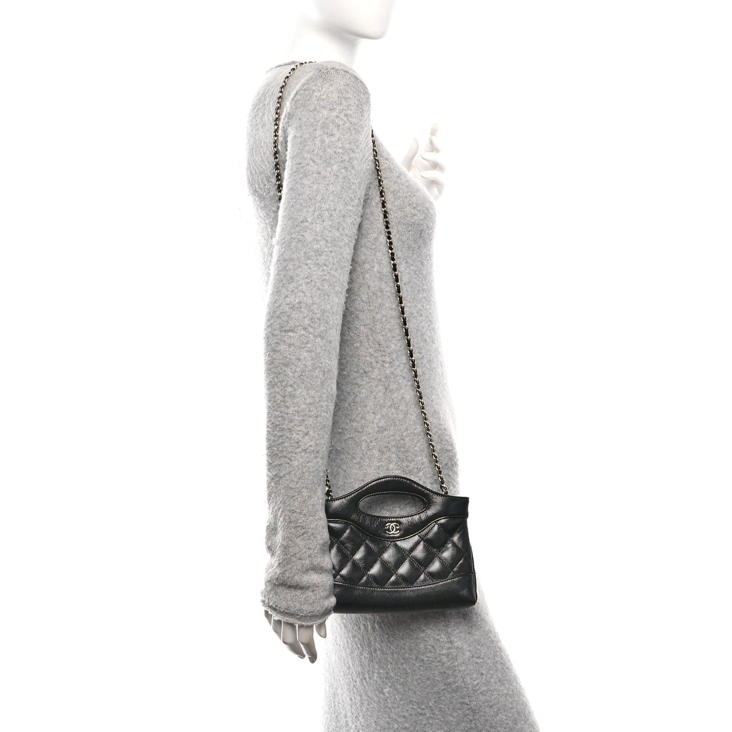 Shiny Crumpled Calfskin Quilted Nano 31 Shopping Bag Black