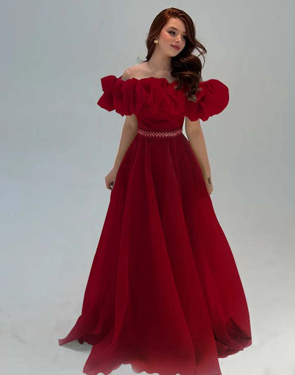 Fashionable Off-The-Shoulder Rhinestone A-Line Tulle Evening Dress