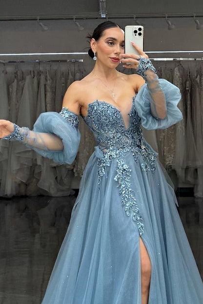 Charming Dusty Blue Tulle Strapless Long Sleeves Applique Prom Dress with Split