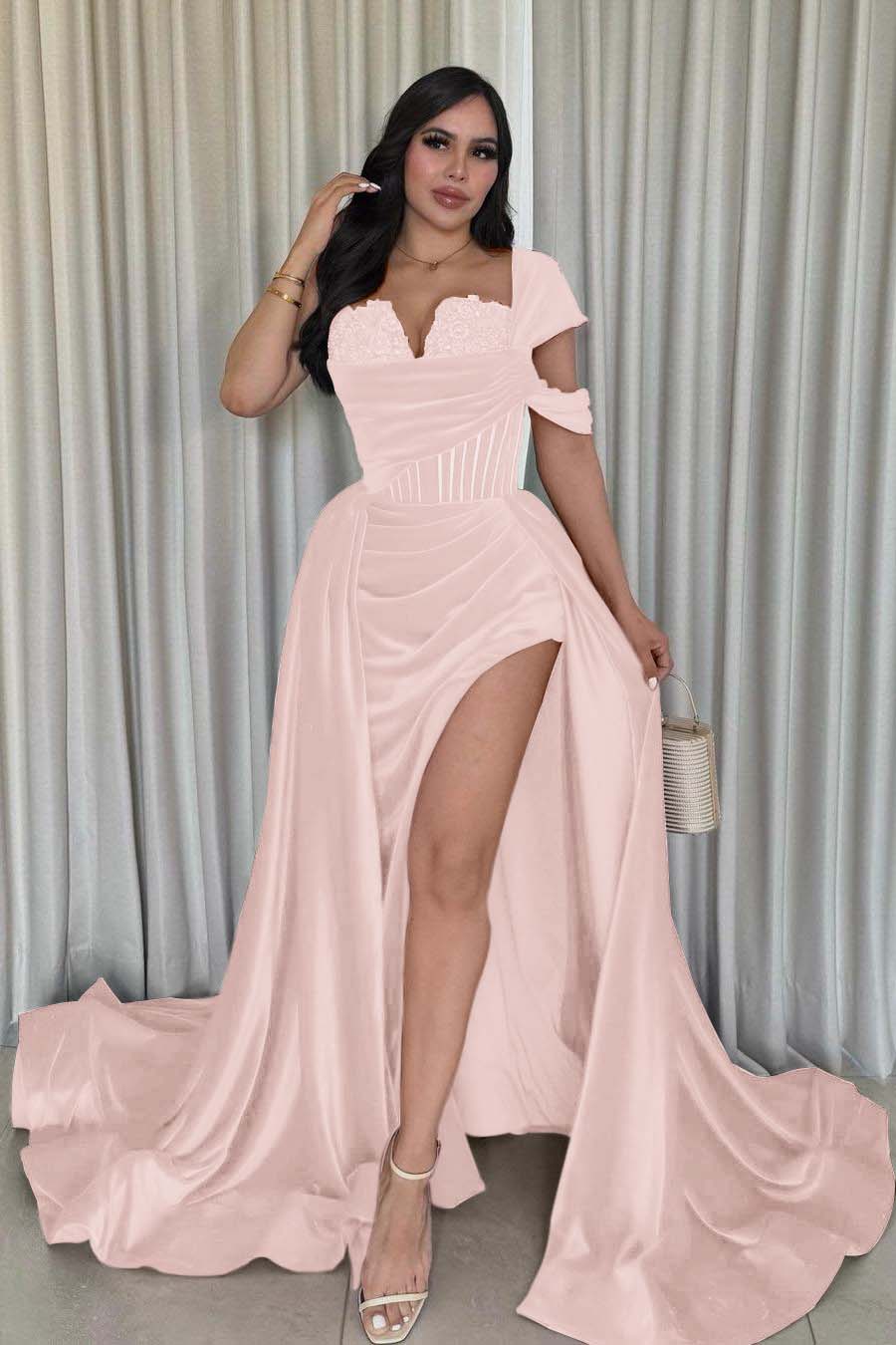 Glamorous Velvet One Shoulder Sleeveless Long Pleated Prom Dress with Split
