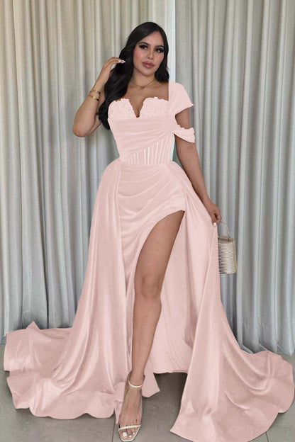 Glamorous Velvet One Shoulder Sleeveless Long Pleated Prom Dress with Split