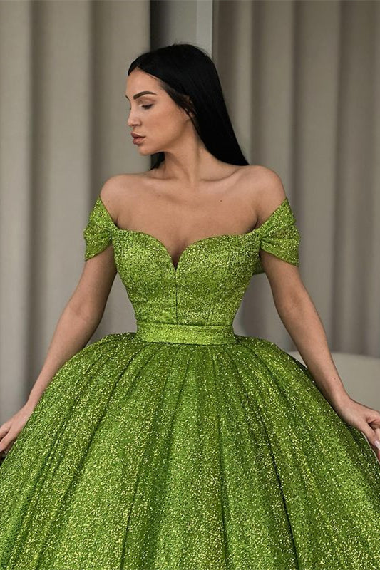 Green Off-The-Shoulder Evening Dress Ball Gown With Sequins