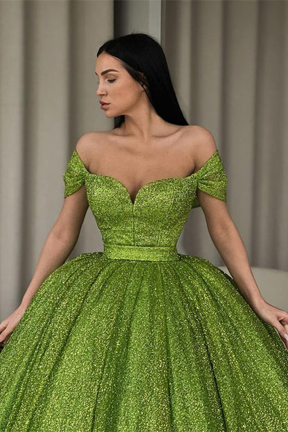 Green Off-The-Shoulder Evening Dress Ball Gown With Sequins