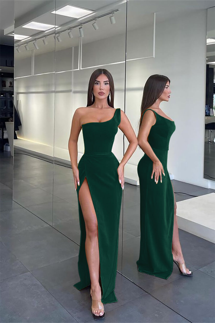 Elegant One Shoulder Sleeveless Mermaid Evening Dress Long Slit