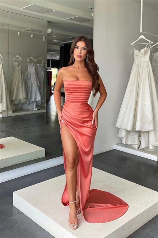 Amazing Coral Strapless Mermaid Prom Dress With Pleats Slit