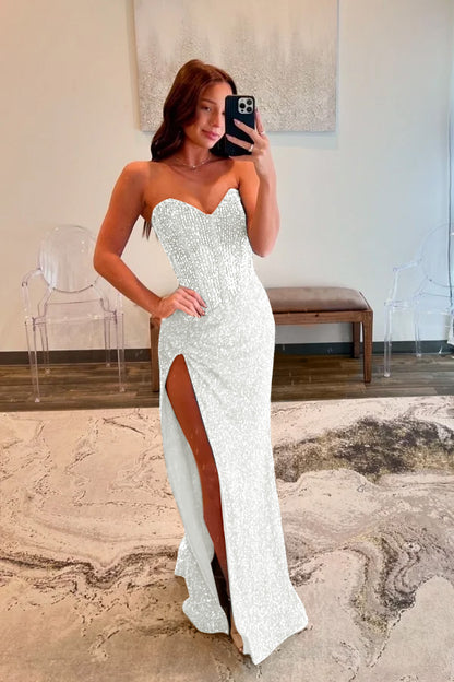 Strapless Blue Beaded Slit Prom Dress