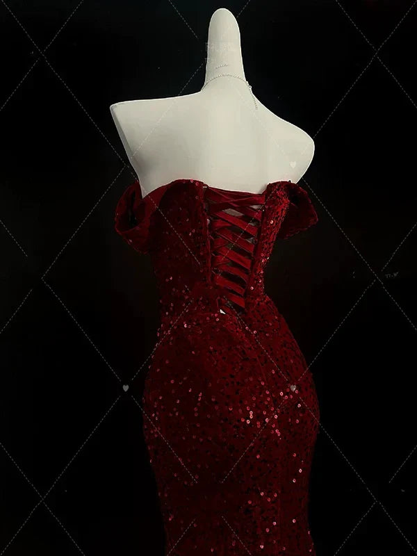 Burgundy Off Shoulder Mermaid Sequins Long Evening Party Dresses, D1180