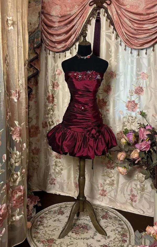 Burgundy Strapless A-Line Satin Beaded Vintage Short Party Dresses, D1259