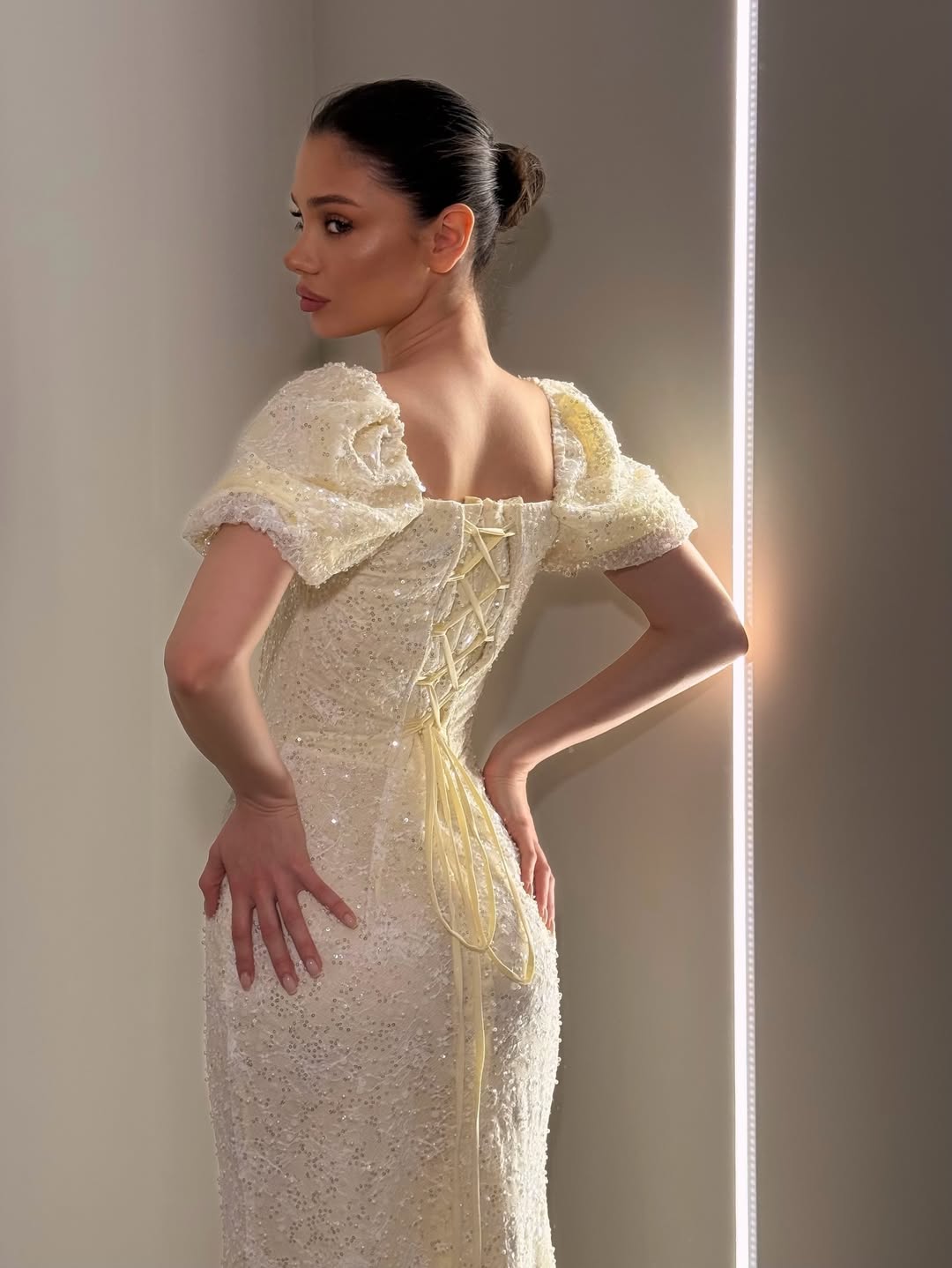 Stunning Puff Sleeve Square Pleated Sequins Beading Evening Dress