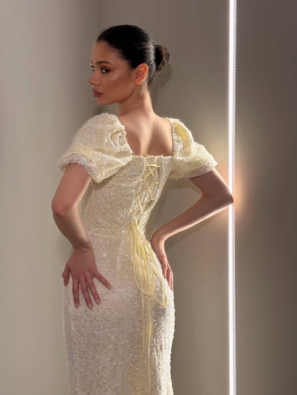 Stunning Puff Sleeve Square Pleated Sequins Beading Evening Dress