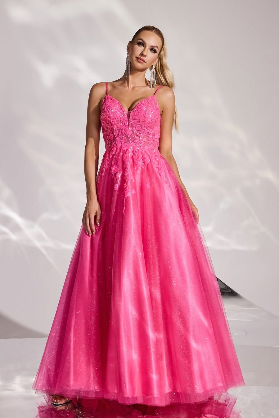 Fuchsia Sleeveless Spaghetti Straps V-Neck A-Line Embroidery Prom Dress