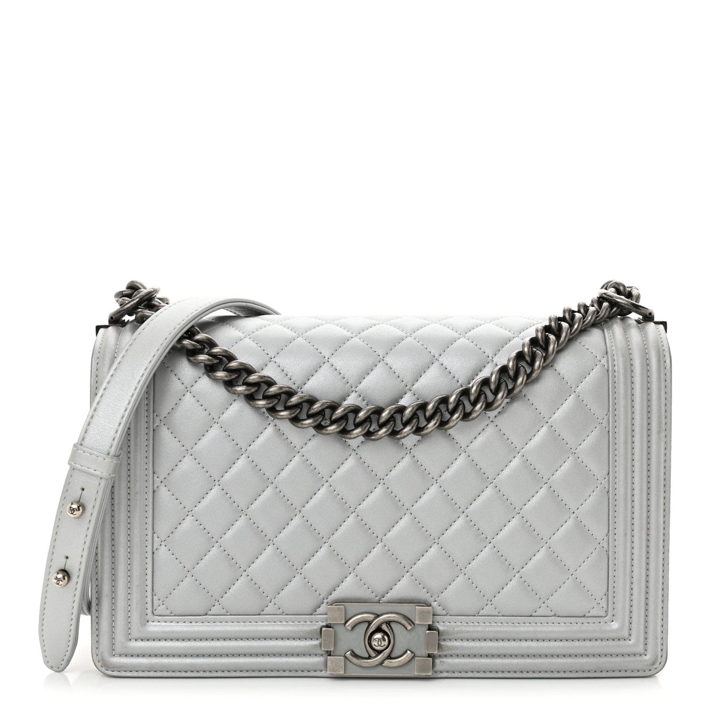 Metallic Calfskin Quilted New Medium Boy Flap Silver