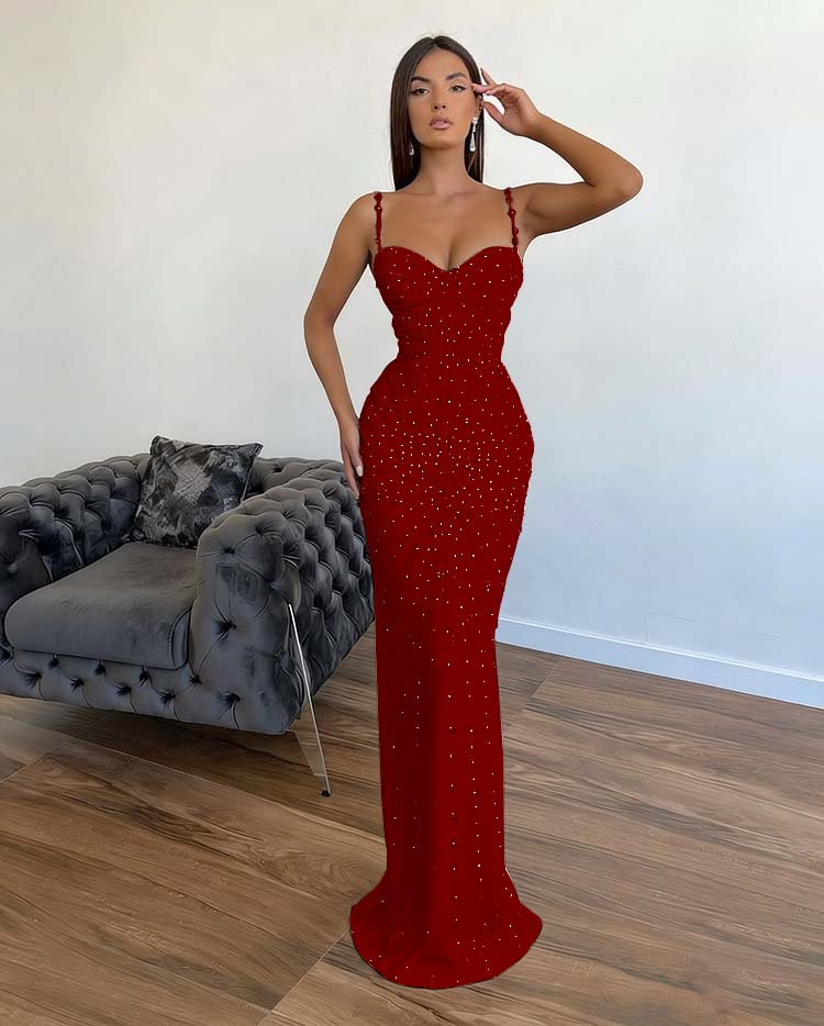 Chic Sleeveless Mermaid Beading Spaghetti Strap Black Prom Dress