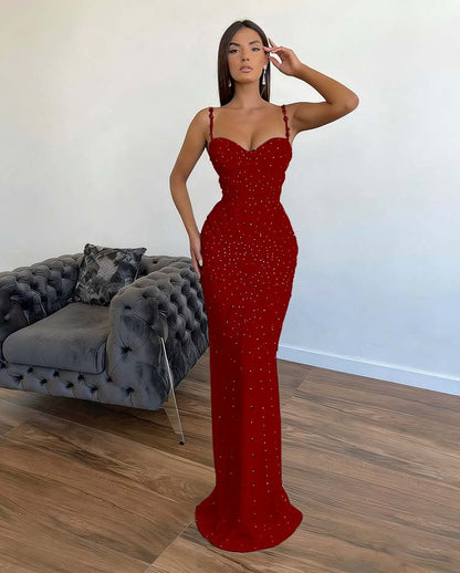 Chic Sleeveless Mermaid Beading Spaghetti Strap Black Prom Dress