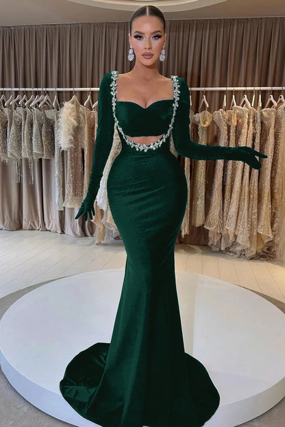 Black Long Sleeve Beaded Charming Mermaid Prom Dress With Gloves
