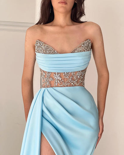 Baby Blue Sleeveless Strapless Mermaid Beads Prom Dress