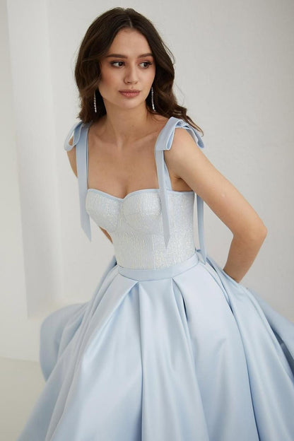 Charming Sky Blue Satin Sleeveless Spaghetti Strap A Line Prom Dress with Bow