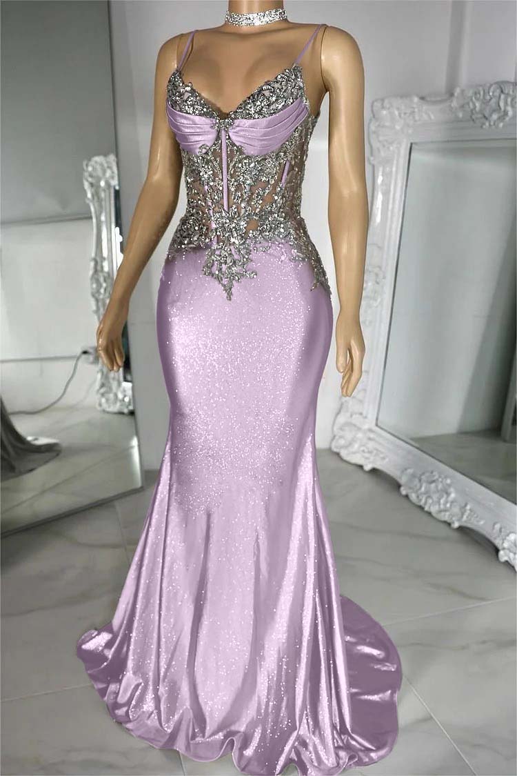 Spaghetti Strap Sleeveless V-Neck Mermaid Long Prom Dress With Sequins
