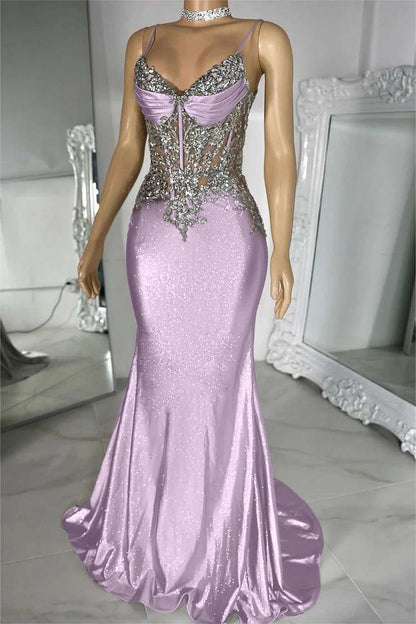 Spaghetti Strap Sleeveless V-Neck Mermaid Long Prom Dress With Sequins
