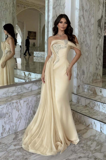 Elegant Pink Satin One Shoulder Beaded Strapless Prom Dress with Train