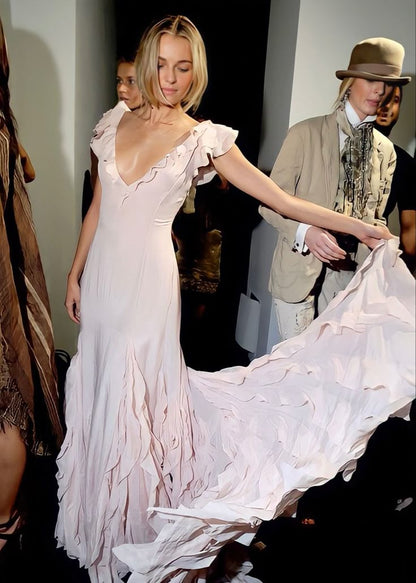 Gentle Mermaid V Neck Ruffle Light Pink Chiffon Long Prom Dress Graduation Prom Dress SH2600