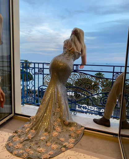 Blue Mermaid Sweetheart Neck Floral Sequin Prom Dress Party Dress SH4296