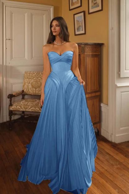 White A Line Strapless Sleeveless Long Dress with Pleated