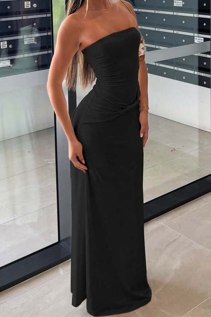 Cream-colored Semi-formal Strapless Pleated Sheath Prom Dress