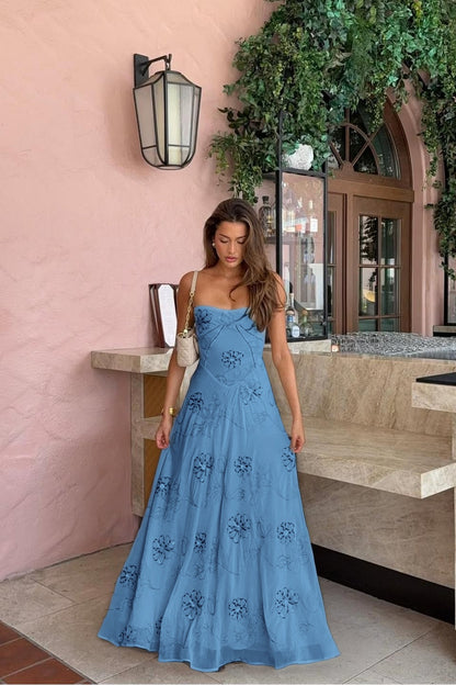 Spaghetti Strap Sleeveless Long Evening Dress With Pleated Appliques