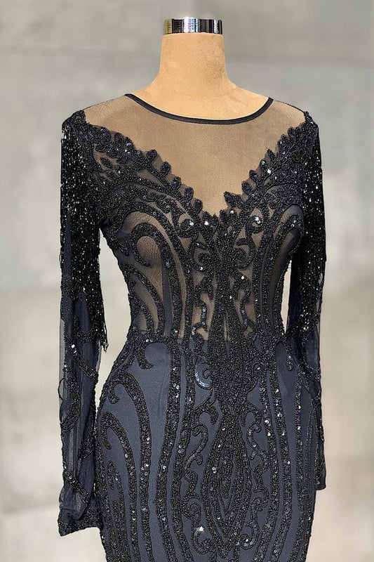 Black Mermaid Evening Dress Long Sleeves With Appliques