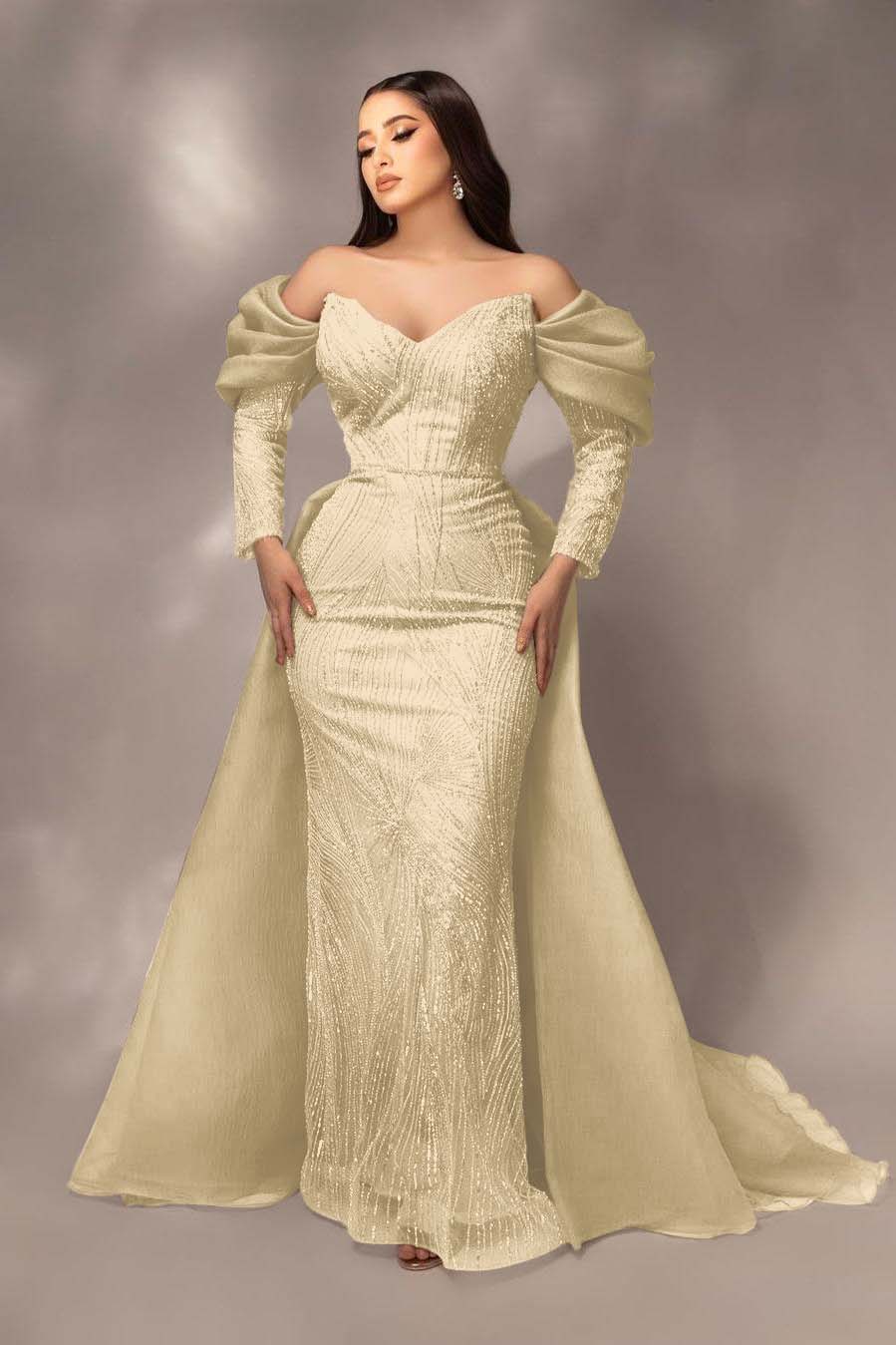 Glamorous Sequins Off the Shoulder Long Sleeves Mermaid Prom Dress with Pleated
