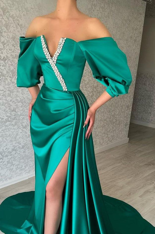 Charming Satin Jade Off the Shoulder Strapless Split Prom Dress with Beadings