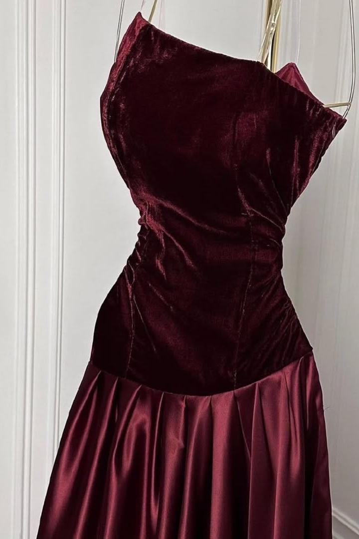Beautiful Grape Satin Sleeveless Strapless Velvet Long Prom Dress with Pleated