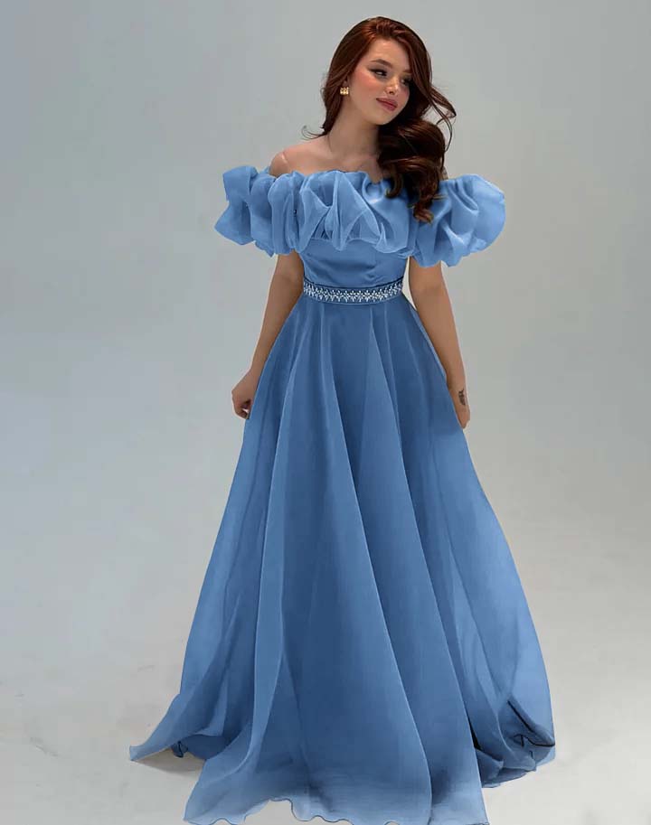 Fashionable Off-The-Shoulder Rhinestone A-Line Tulle Evening Dress