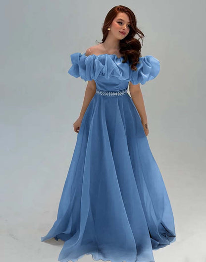 Fashionable Off-The-Shoulder Rhinestone A-Line Tulle Evening Dress