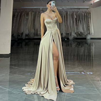 Simple Sleeveless Strapless Sweetheart A-Line Long Prom Dress