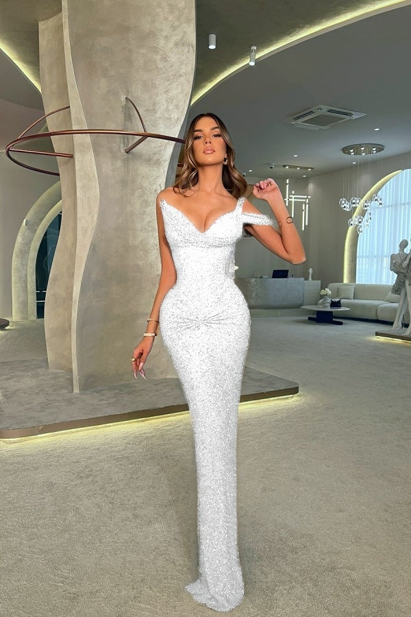 One Shoulder V-Neck Long Mermaid Prom Dress Sleeveless with Sequins