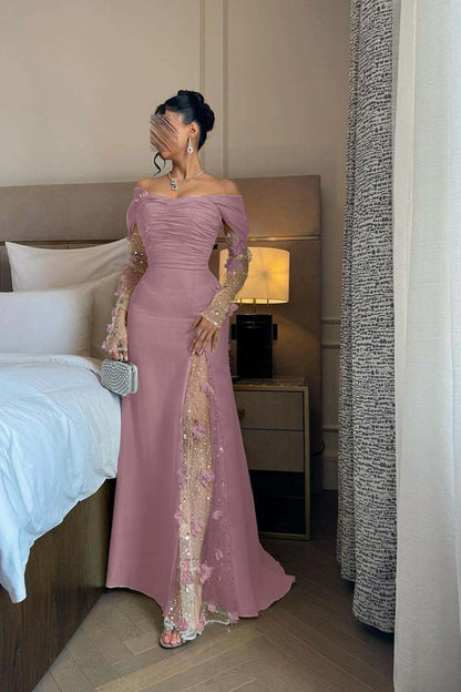 Chic Daffodil Satin Long Sleeves Off the Shoulder Pleated Prom Dress with Sequins
