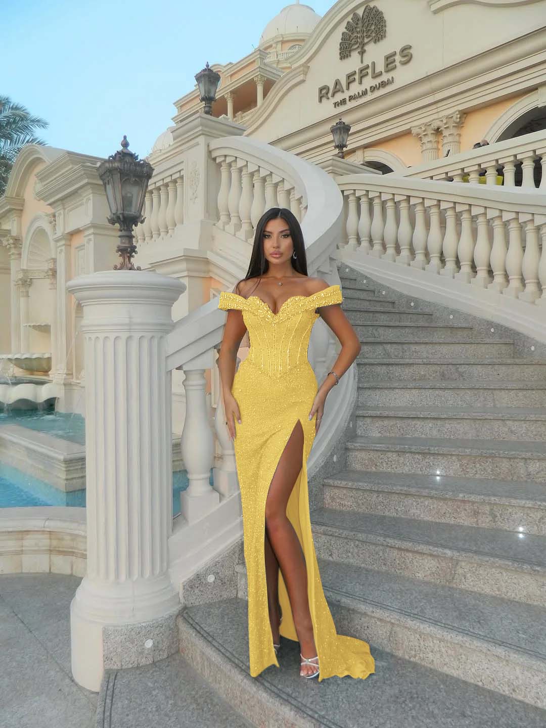 Sleeveless Exquisite Sweetheart Off-Shoulders Beaded Slit Long Prom Dress