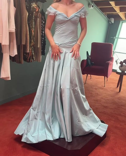 Retro Style A Line Off the Shoulder Blue Satin Long Party Dress Prom Dress SH2611
