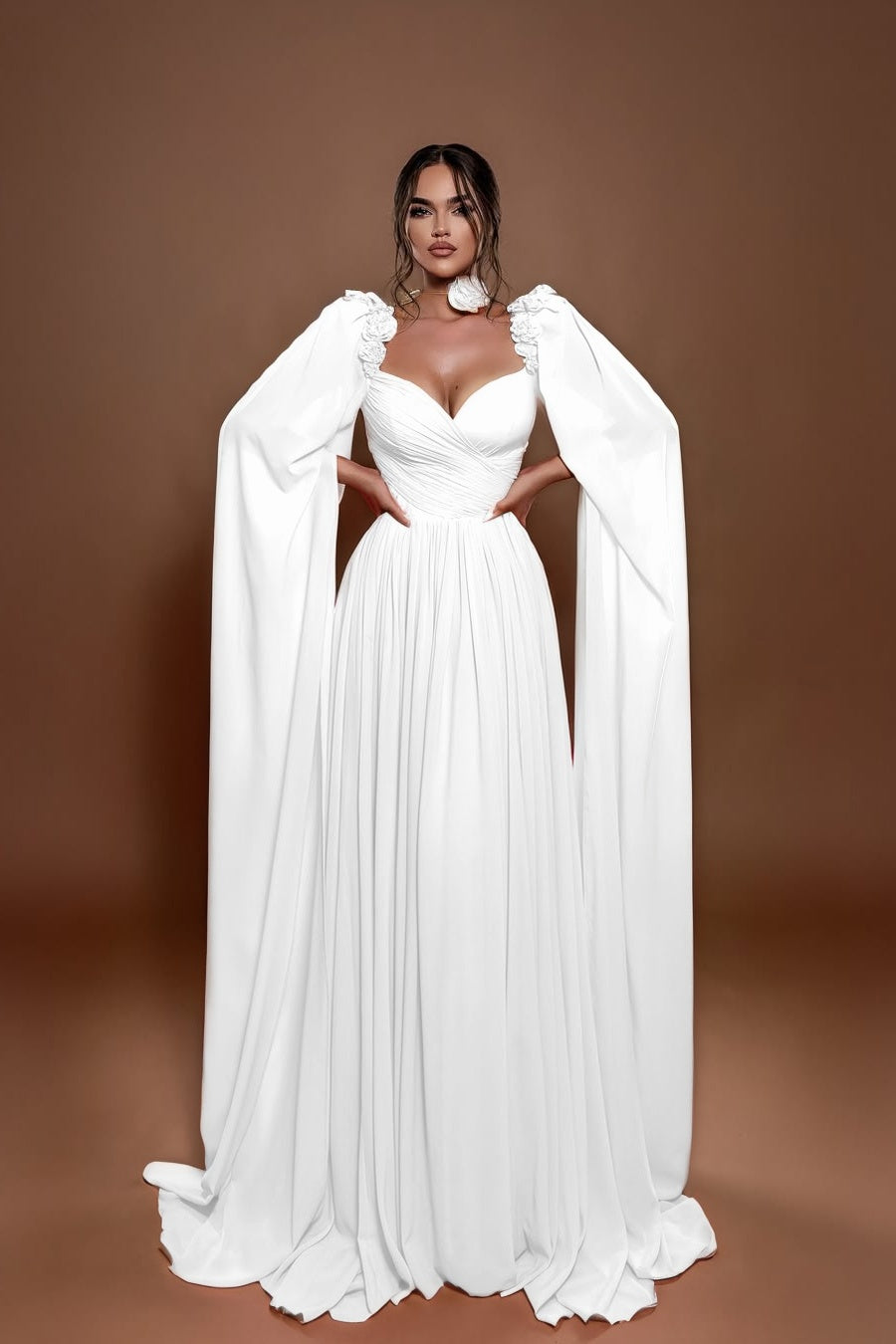 Chic A Line Sleeveless Long Pleated Prom Dress With Shoulder Cape