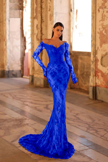 Elegant Black Lace Long Sleeves Off the Shoulder Mermaid Long Prom Dress with Beadings