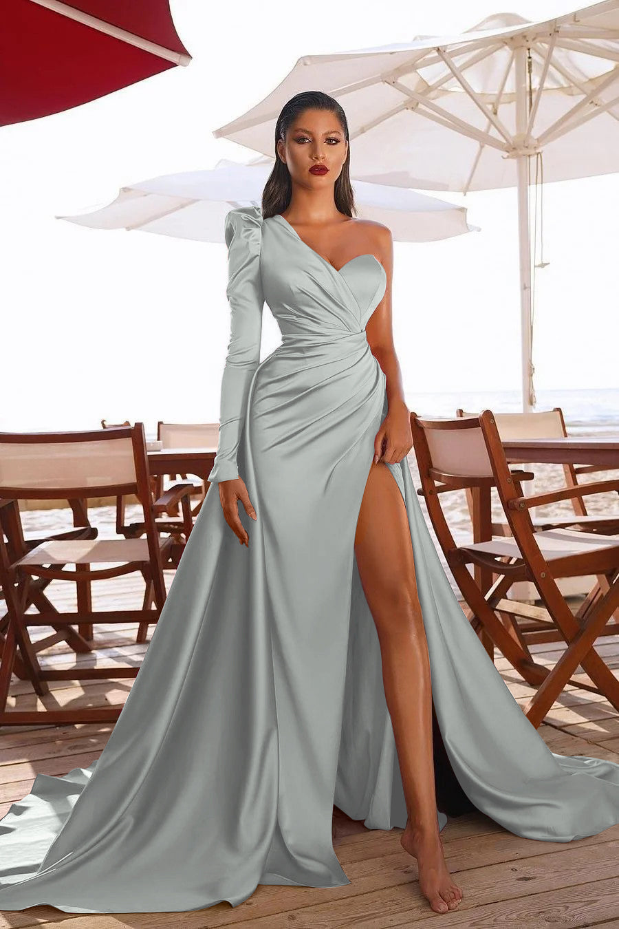 Glamorous One Shoulder Long Sleeves Prom Dres With Slit