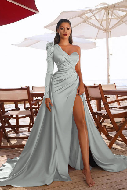 Glamorous One Shoulder Long Sleeves Prom Dres With Slit