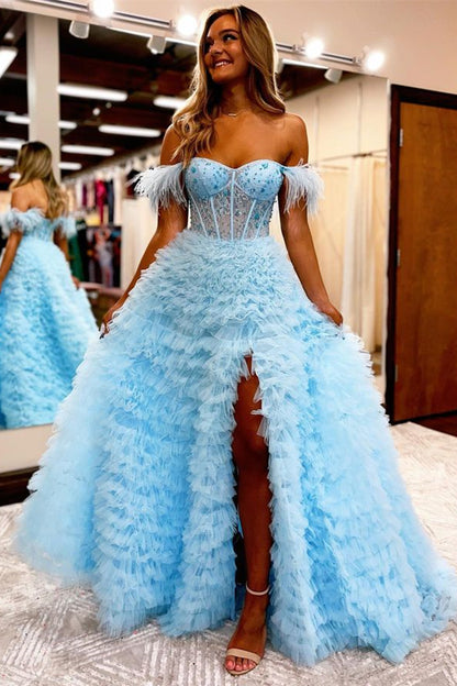 Baby Blue A Line Sweetheart Evening Dress  With Feathers Online For Grad Party