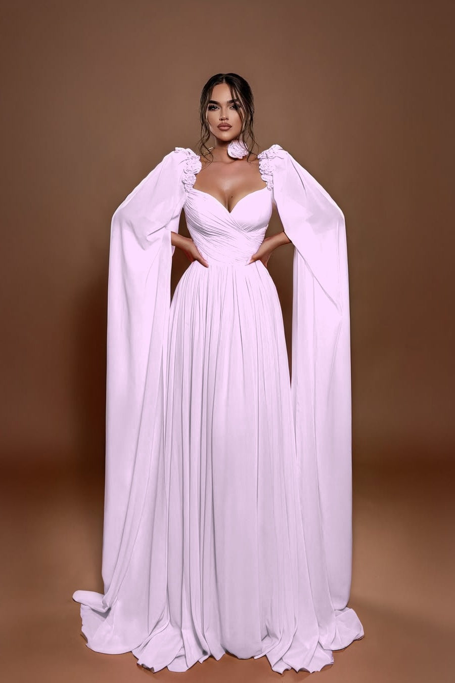 Chic A Line Sleeveless Long Pleated Prom Dress With Shoulder Cape